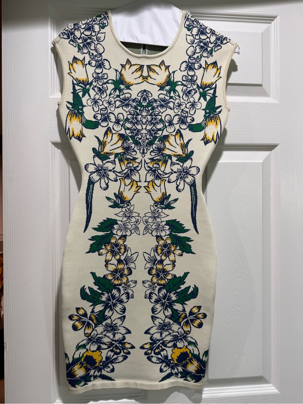 BCBGMaxAzria Cream Floral Knit Mini Dress with Green & Yellow Accents